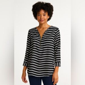 Calvin Klein Black & White Striped Zip-Front Blouse Size L EUC